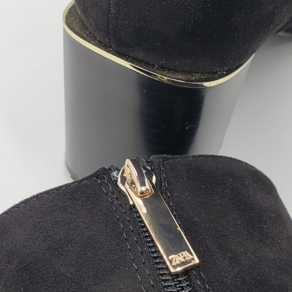 Zara Velvet Booties Gold Trimmed Block Heels - Picture 8 of 16